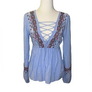 Aeropostale Blue Embroidered Lace Up Boho Blouse XS